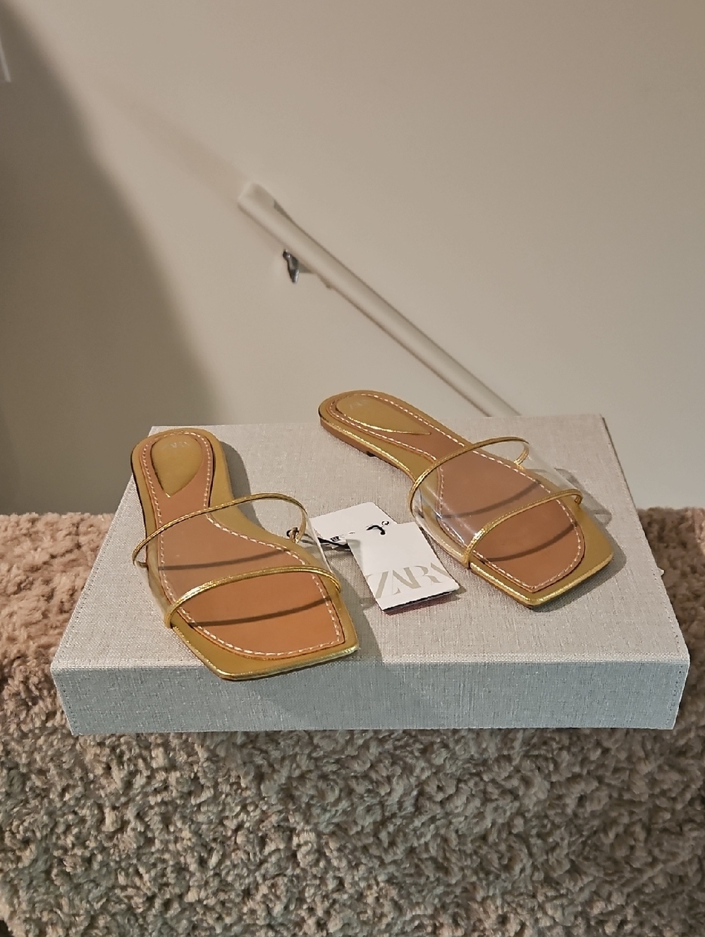 Zara Clear-Strap Gold and Clear Slide Sandals - Women